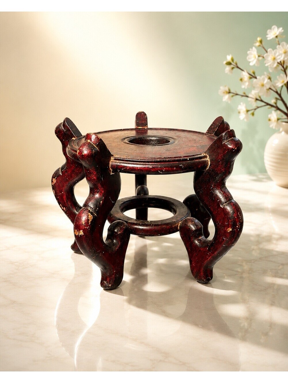 Chinese 1980s Carved Rosewood Pedestal Plant Vase Stand Cabriole Legs, 10x8.5”